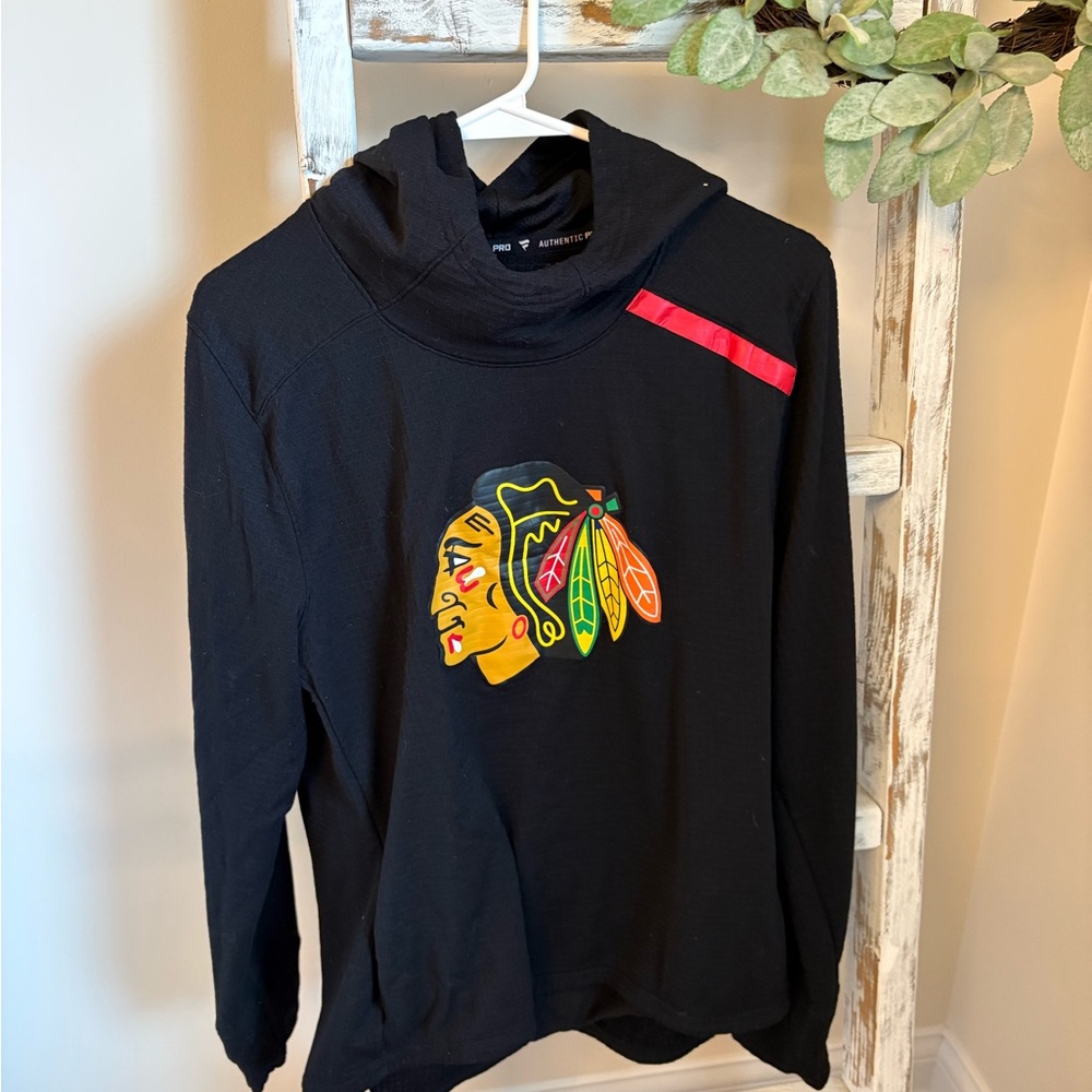Fanatics Black Women Hoodie with Multicolor Feather Logo and Red Shoulder Stripe
